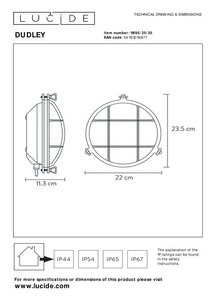 Lucide DUDLEY - Wall light Indoor/Outdoor - Ø 22 cm - 1xE27 - IP65 - Black - technical